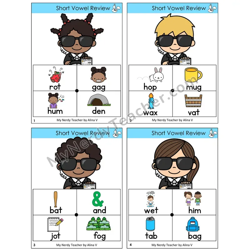 Short Vowels Review Word Spinners Task Cards — Decodable Sentences