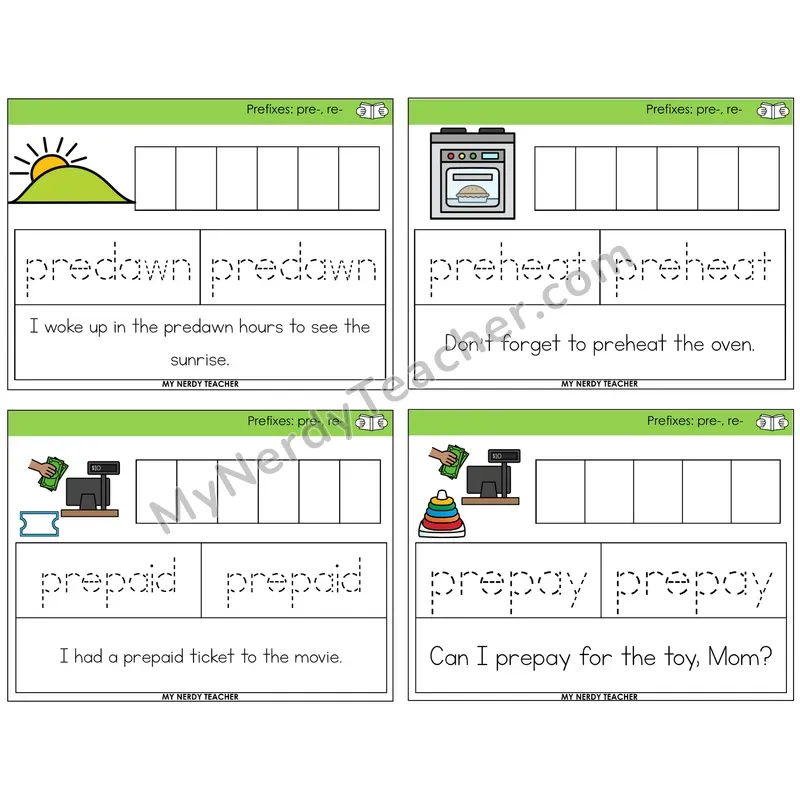 Prefixes pre- and re- Graph Trace Read Task Cards — Decodable Sentences