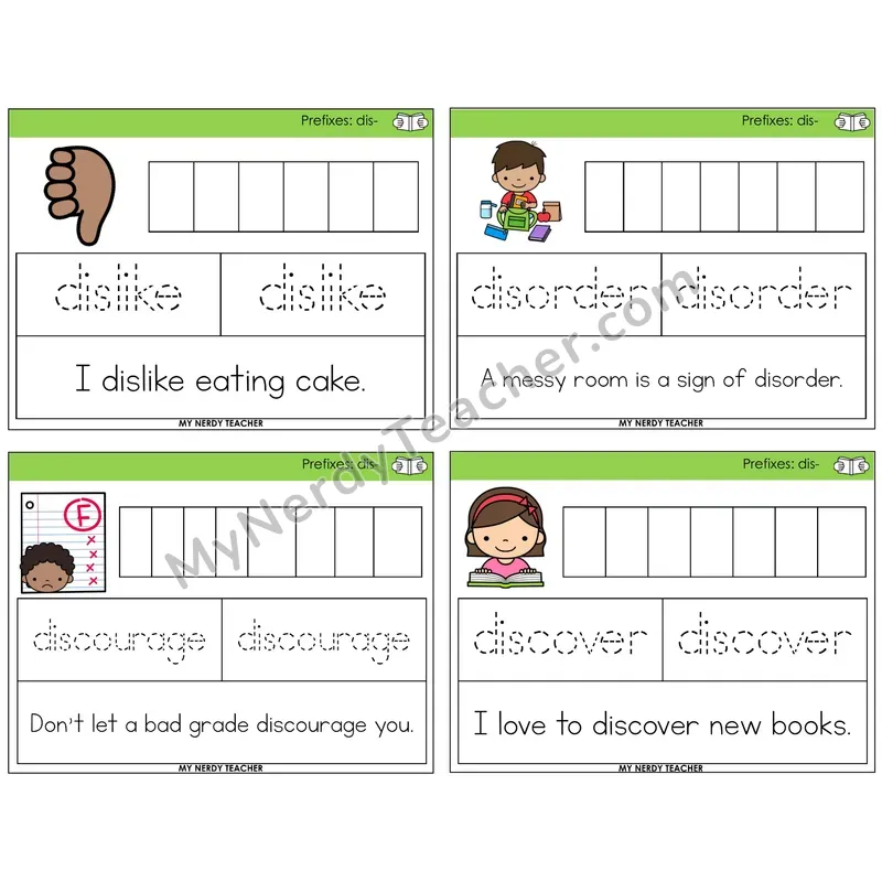 Prefix dis- Graph Trace Read Task Cards — Decodable Sentences