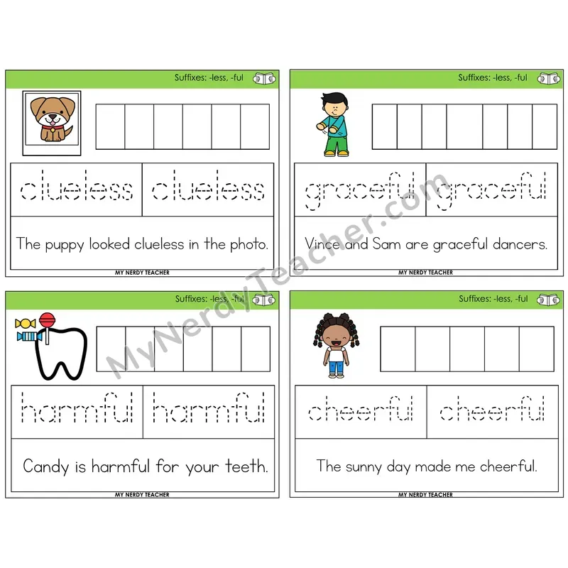 Suffixes -less and -ful Graph Trace Read Task Cards — Decodable Sentences