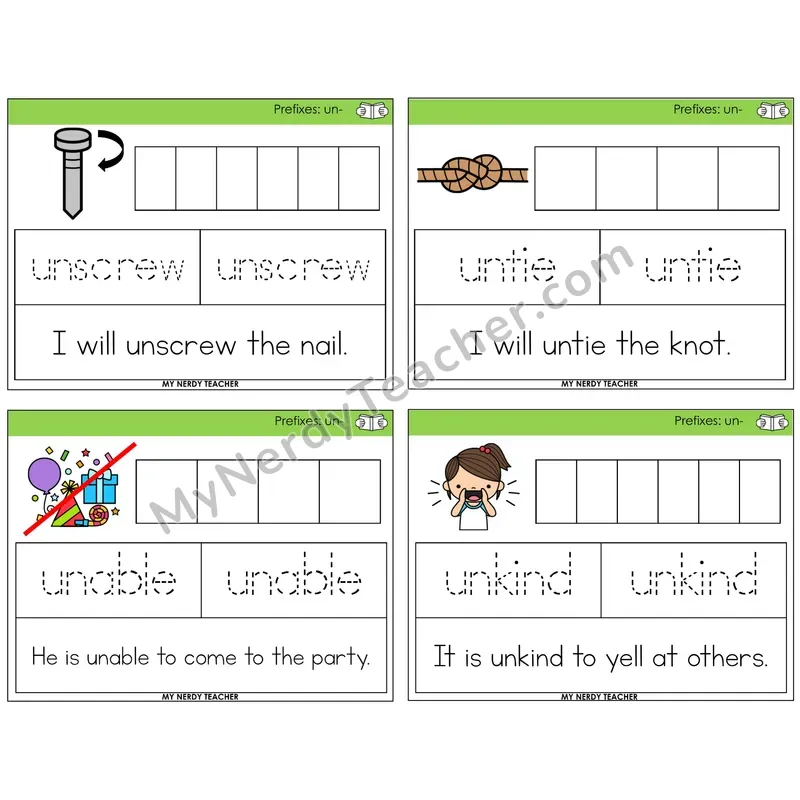 Prefix un- Graph Trace Read Task Cards — Decodable Sentences