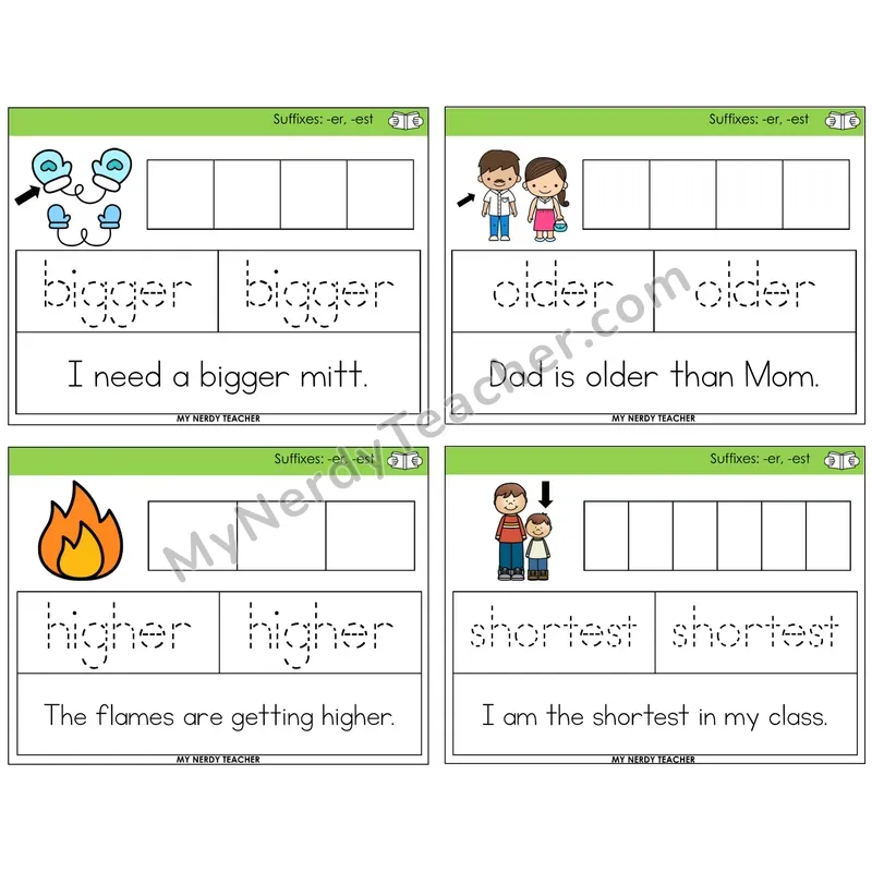 Suffixes -er and -est Graph Trace Read Task Cards — Decodable Sentences