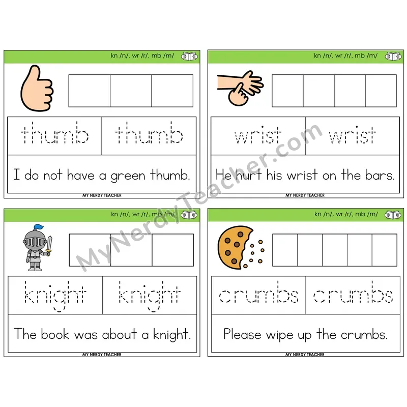 Silent Letters (kn, wr, mb) Graph Trace Read Task Cards — Decodable Sentences