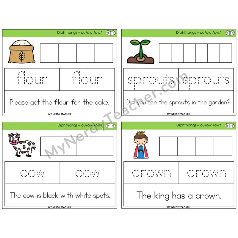Diphthong OU and OW Graph Trace Read Task Cards — Decodable Sentences