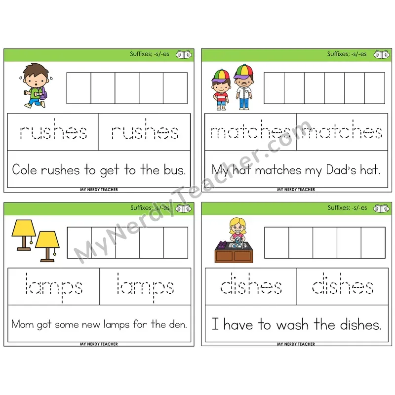 Suffixes -s and -es Graph Trace Read Task Cards — Decodable Sentences