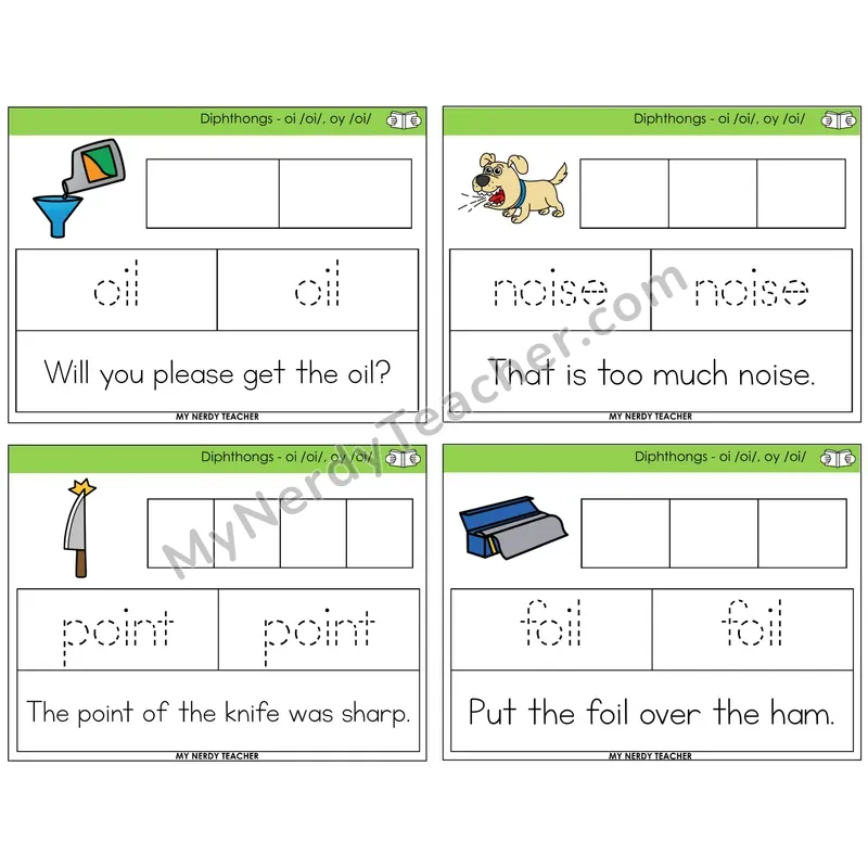 Diphthong OI and OY Graph Trace Read Task Cards — Decodable Sentences