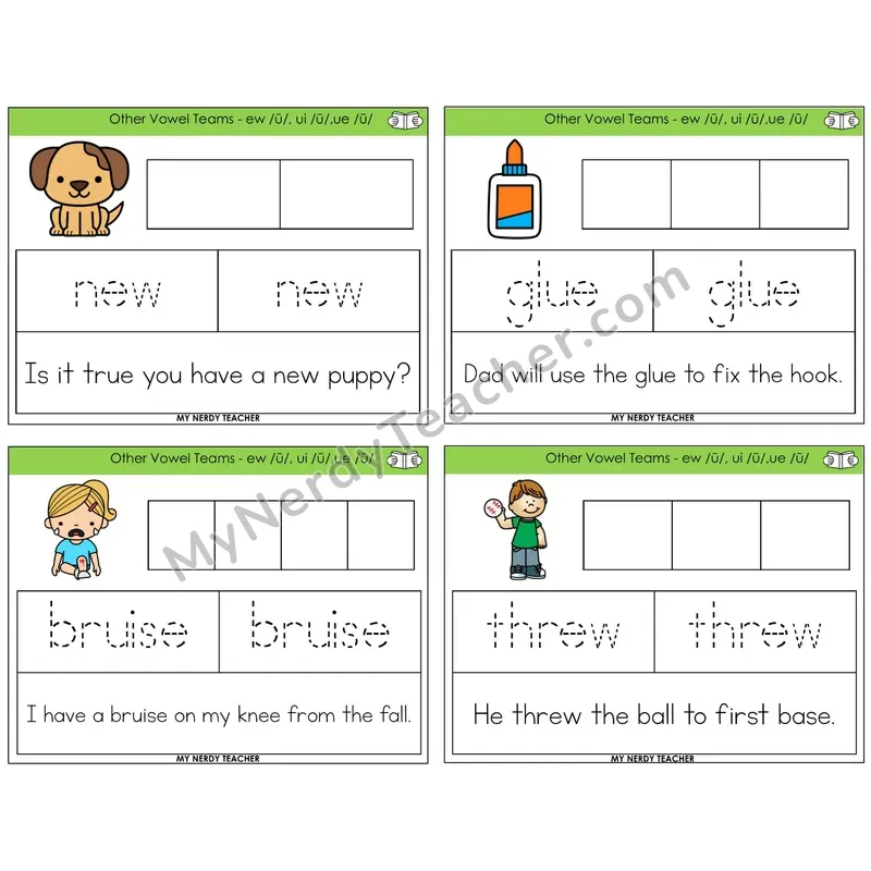 Long U (ew, ui, ue) Graph Trace Read Task Cards — Decodable Sentences