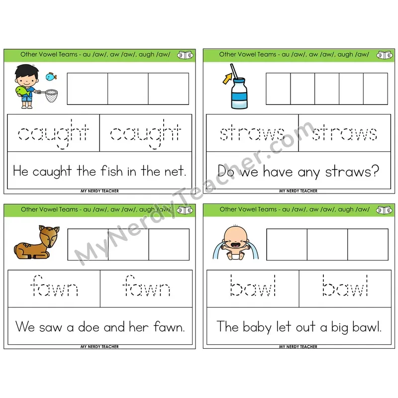 AU, AW, AUGH (/aw/) Graph Trace Read Task Cards — Decodable Sentences