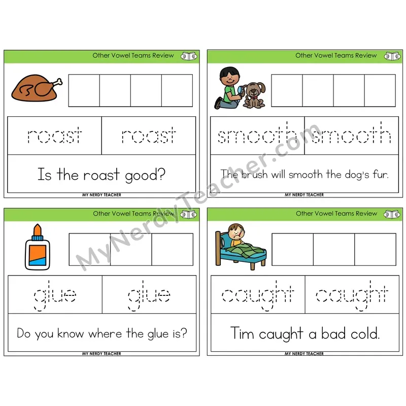 Other Vowel Teams Review Graph Trace Read Task Cards — Decodable Sentences