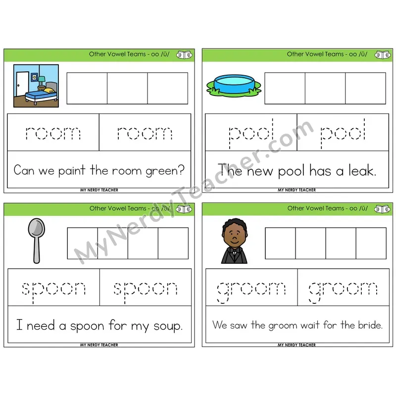 Long OO (/ū/) Graph Trace Read Task Cards — Decodable Sentences