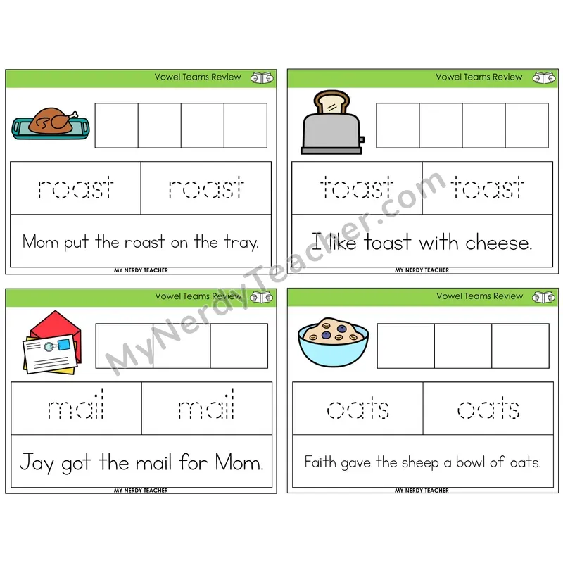 Long Vowel Teams Review Graph Trace Read Task Cards — Decodable Sentences