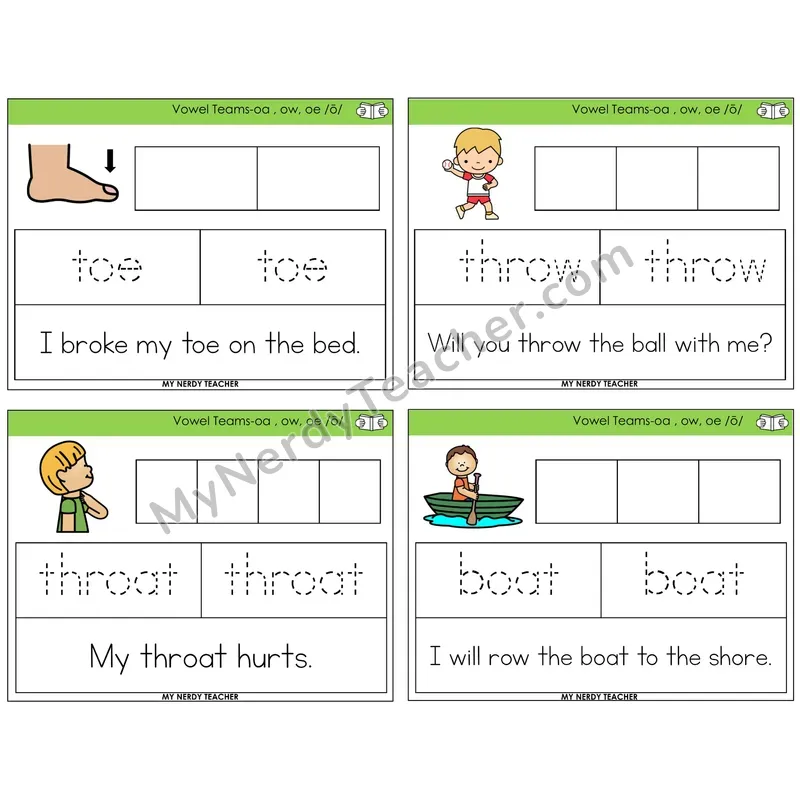 Long O Vowel Teams (oa, ow, oe) Graph Trace Read Task Cards — Decodable Sentences