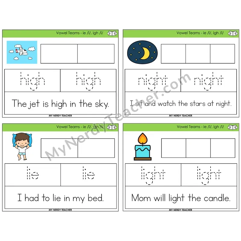 Long I Vowel Teams (ie, igh) Graph Trace Read Task Cards — Decodable Sentences