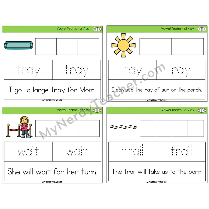 Long A Vowel Teams (ai, ay) Graph Trace Read Task Cards — Decodable Sentences
