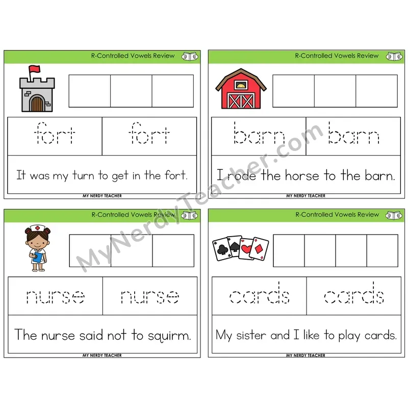 R-Controlled Vowels Review Graph Trace Read Task Cards — Decodable Sentences