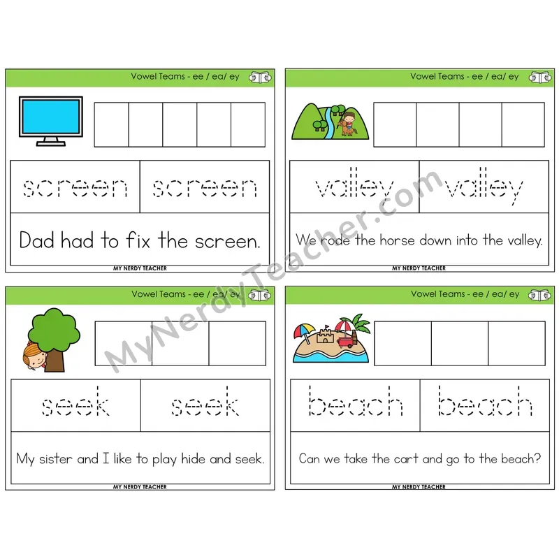 Long E Vowel Teams (ee, ea, ey) Graph Trace Read Task Cards — Decodable Sentences