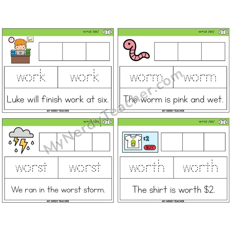 W+OR spelling /er/ Graph Trace Read Task Cards — Decodable Sentences