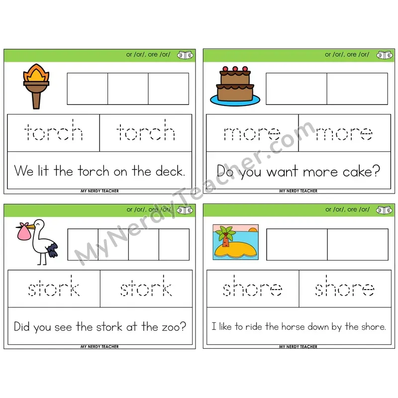 R-Controlled OR and ORE Graph Trace Read Task Cards — Decodable Sentences