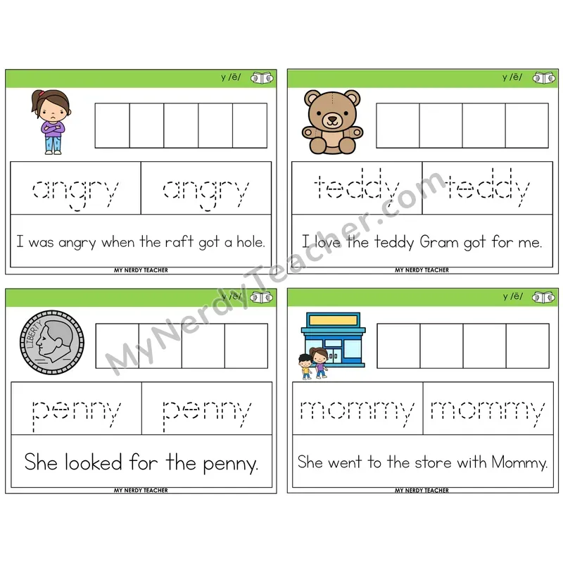 Y as Long E Graph Trace Read Task Cards — Decodable Sentences