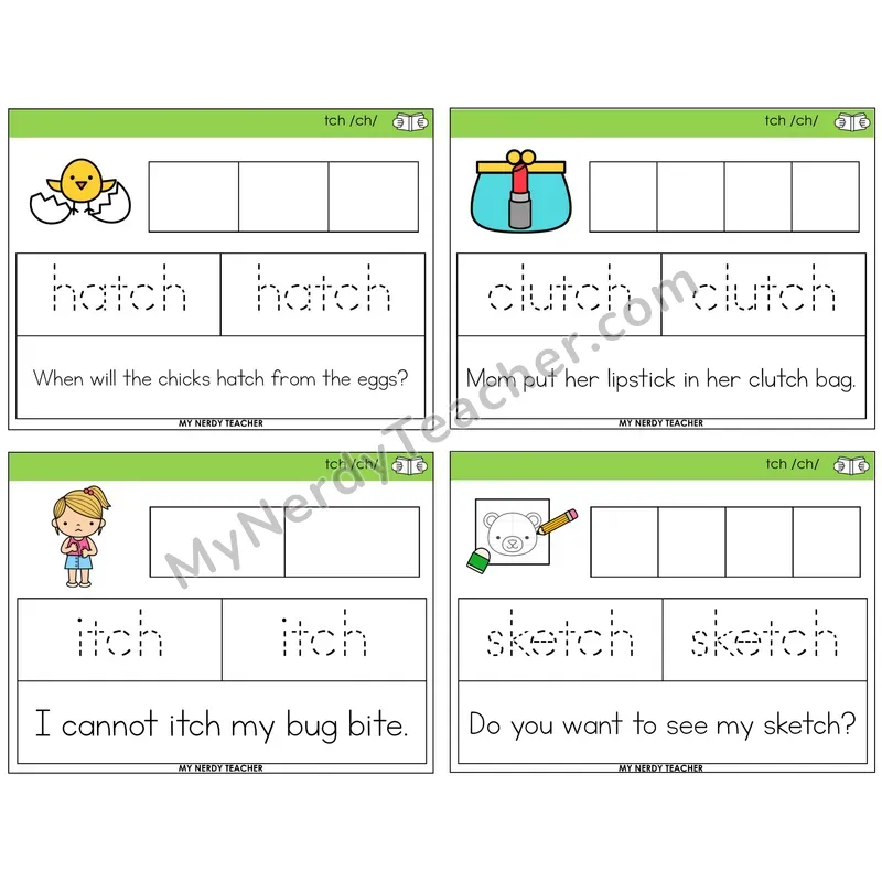 TCH Trigraph Graph Trace Read Task Cards — Decodable Sentences