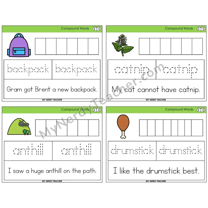 Compound Words Graph Trace Read Task Cards — Decodable Sentences