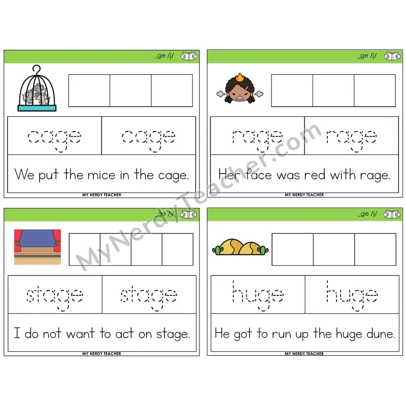 Soft G (_ge) Graph Trace Read Task Cards — Decodable Sentences