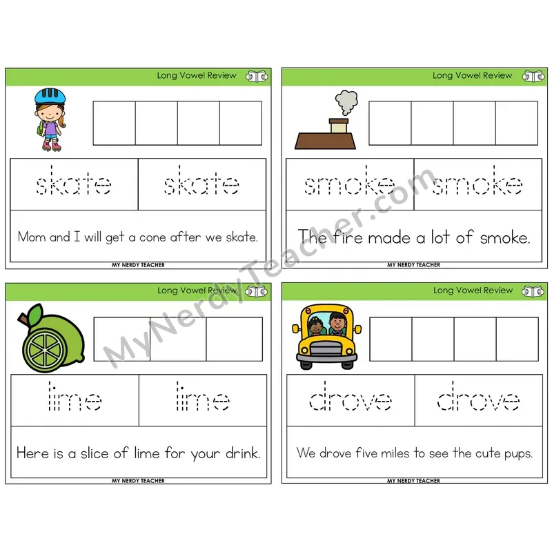 Long Vowels Review Graph Trace Read Task Cards — Decodable Sentences