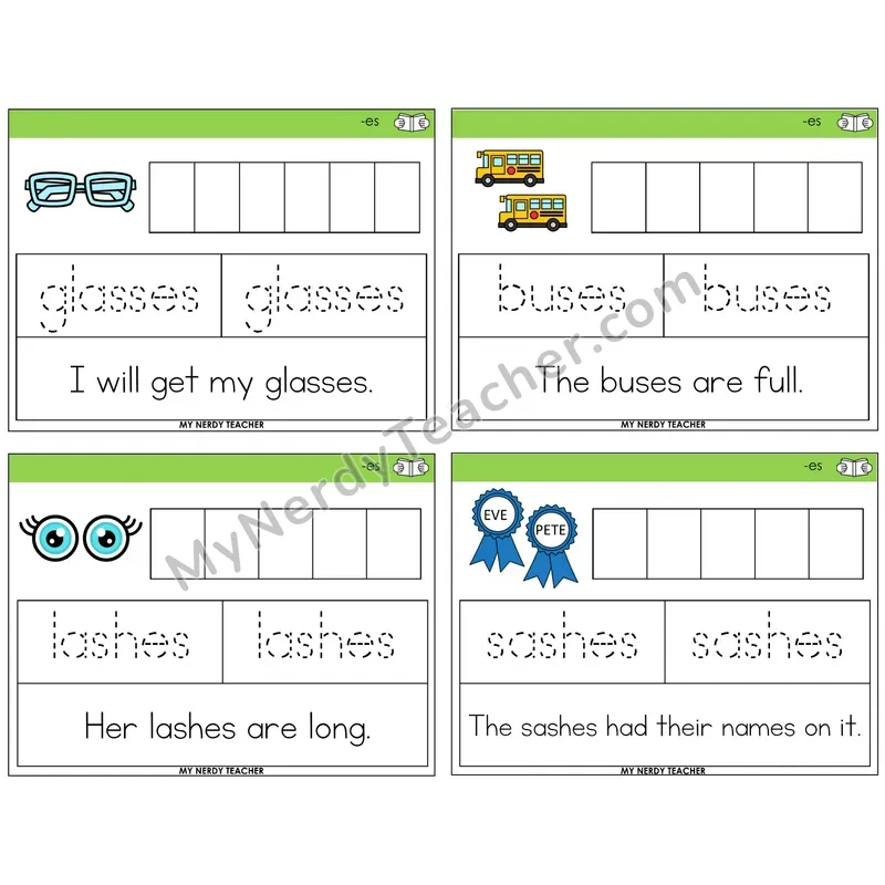 Suffix -es (Inflectional) Graph Trace Read Task Cards — Decodable Sentences