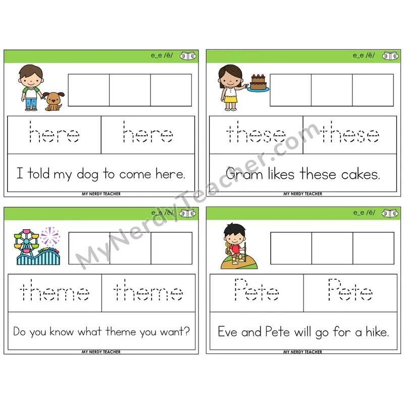 Long E VCe (e_e) Graph Trace Read Task Cards — Decodable Sentences