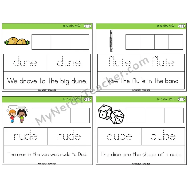 Long U VCe (u_e) Graph Trace Read Task Cards — Decodable Sentences