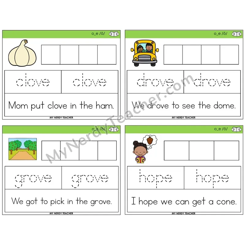 Long O VCe (o_e) Graph Trace Read Task Cards — Decodable Sentences