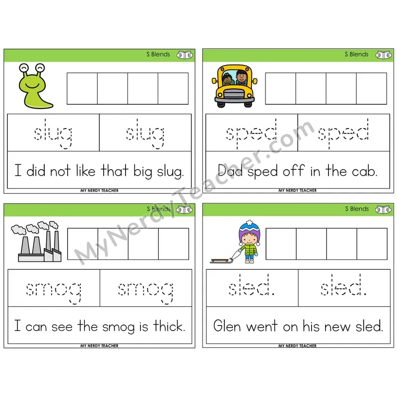 S Blends Graph Trace Read Task Cards — Decodable Sentences