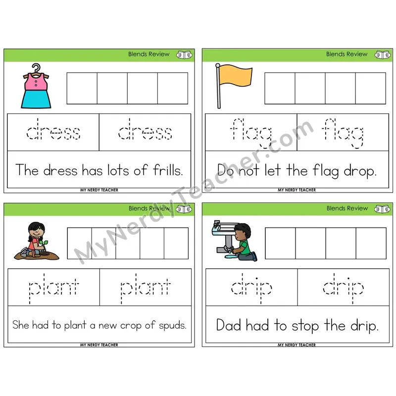 Blends Review Graph Trace Read Task Cards — Decodable Sentences