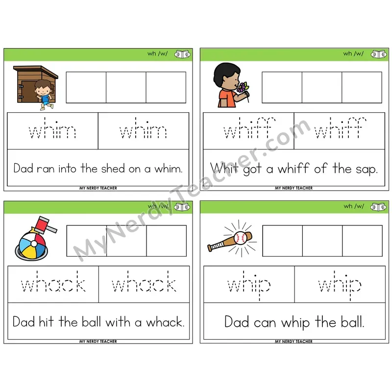 WH Digraph Graph Trace Read Task Cards — Decodable Sentences