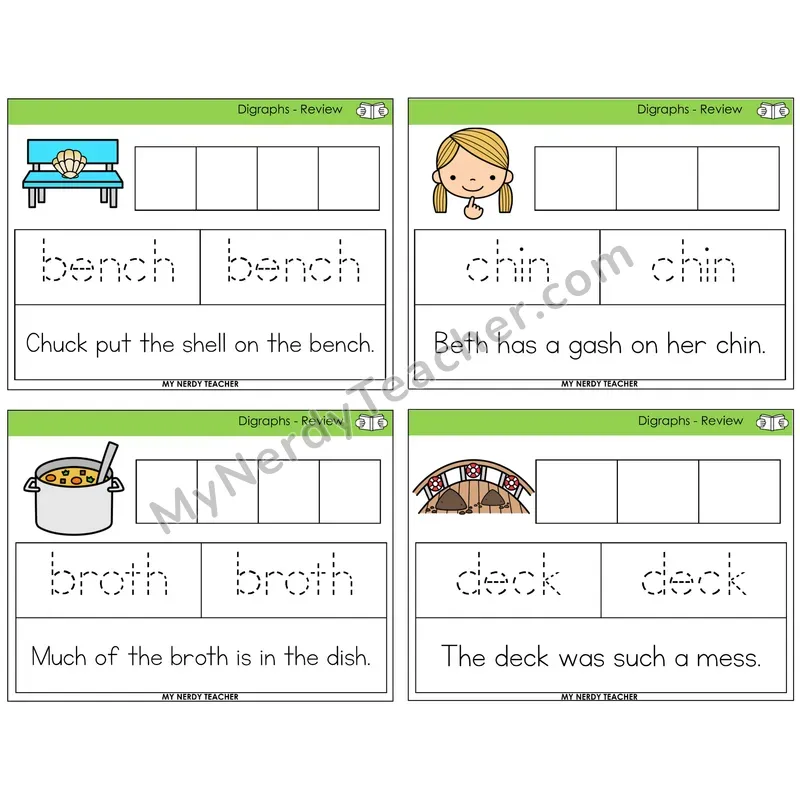 Digraphs Review Graph Trace Read Task Cards — Decodable Sentences