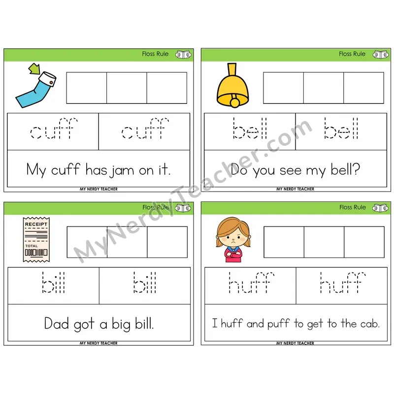 Floss Rule (ff, ll, ss, zz) Graph Trace Read Task Cards — Decodable Sentences
