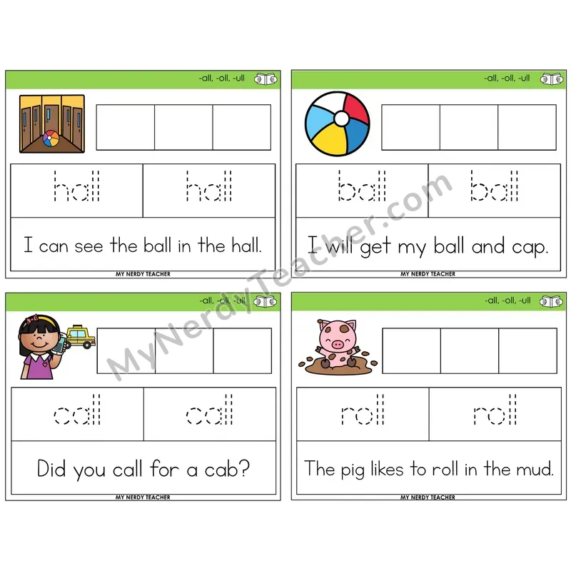 All, Oll, Ull Graph Trace Read Task Cards — Decodable Sentences