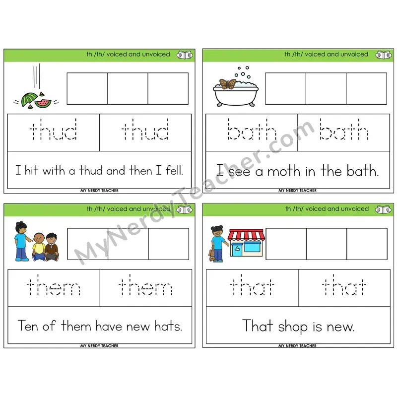 TH Digraph (Voiced + Unvoiced) Graph Trace Read Task Cards — Decodable Sentences
