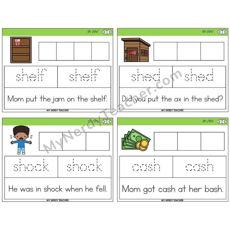 SH Digraph Graph Trace Read Task Cards — Decodable Sentences