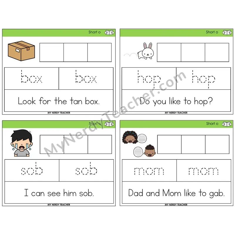 Short O Graph Trace Read Task Cards — Decodable Sentences