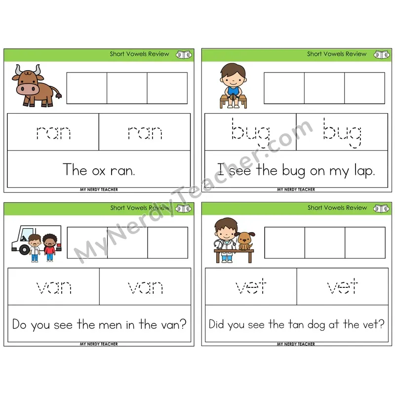 Short Vowels Review Graph Trace Read Task Cards — Decodable Sentences