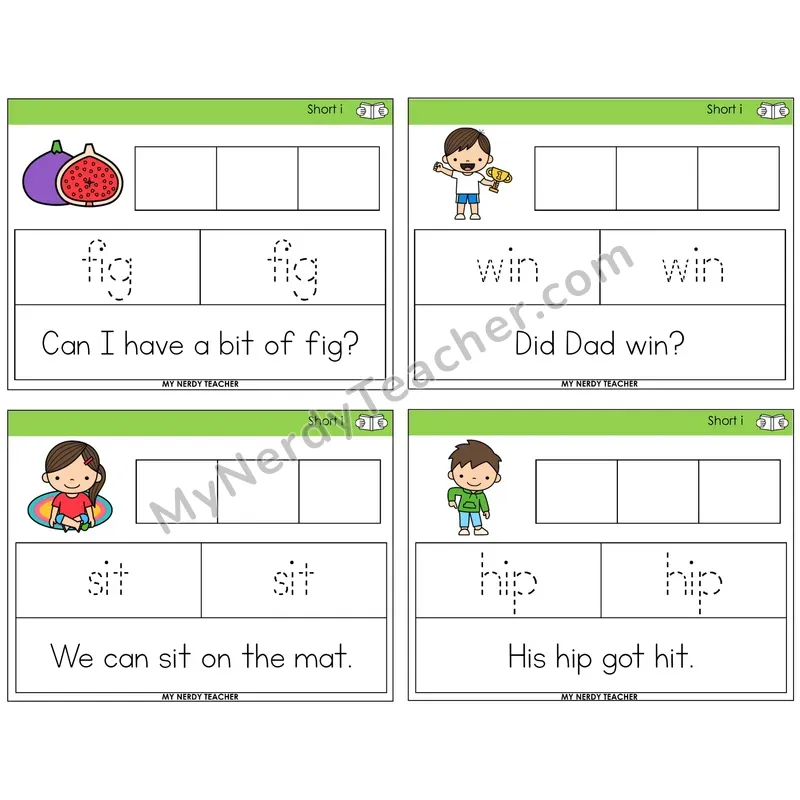 Short I Graph Trace Read Task Cards — Decodable Sentences