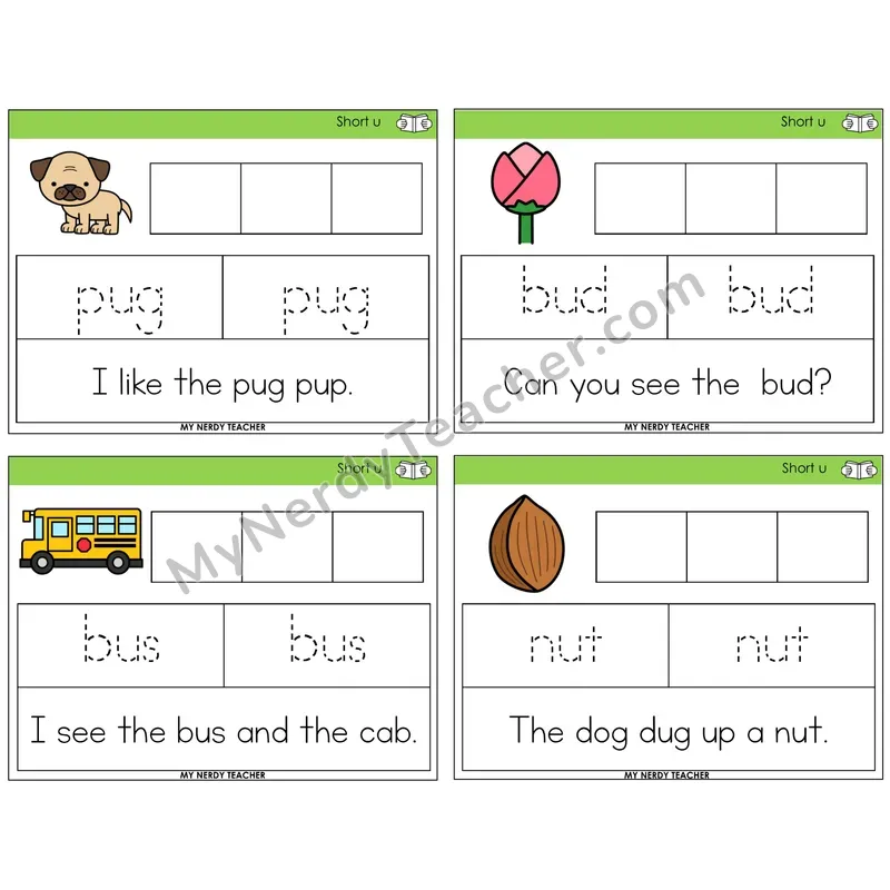 Short U Graph Trace Read Task Cards — Decodable Sentences