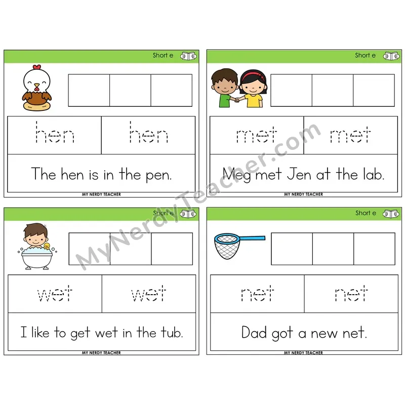 Short E Graph Trace Read Task Cards — Decodable Sentences