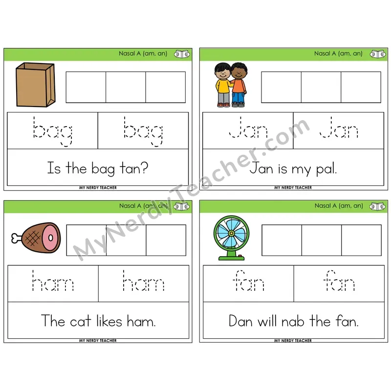 Nasalized A (am, an) Graph Trace Read Task Cards — Decodable Sentences