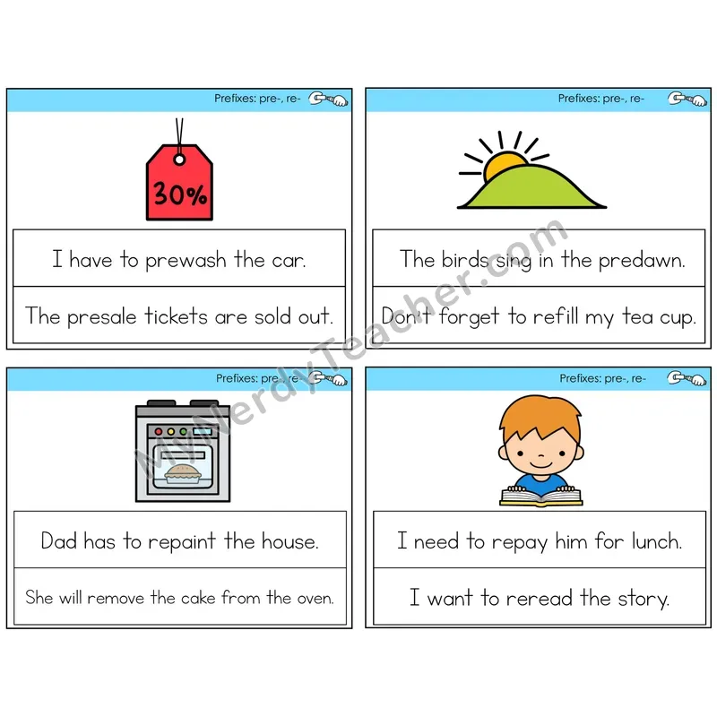 Prefixes pre- and re- Circle the Sentence Task Cards — Decodable Sentences