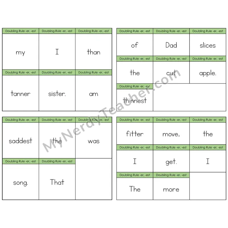 Doubling Rule -er, -est Build the Sentence Task Cards — Decodable Sentences