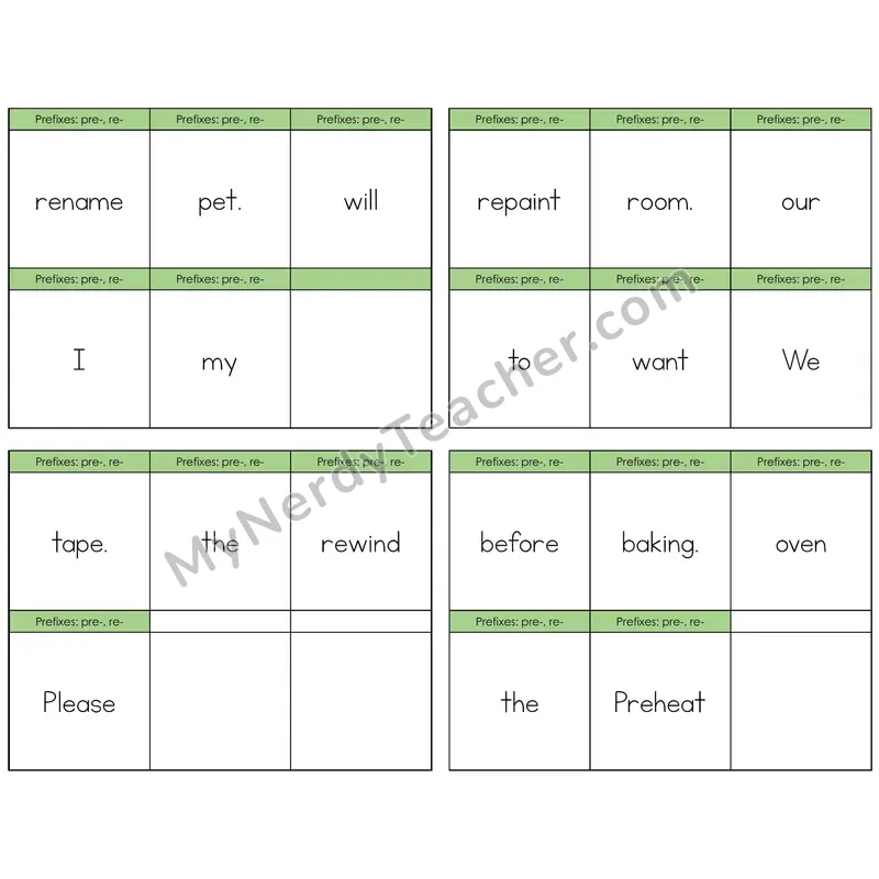 Prefixes pre- and re- Build the Sentence Task Cards — Decodable Sentences