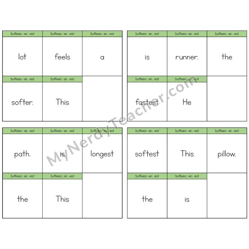Suffixes -er and -est Build the Sentence Task Cards — Decodable Sentences