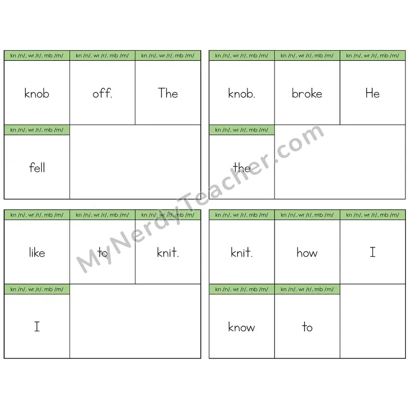Silent Letters (kn, wr, mb) Build the Sentence Task Cards — Decodable Sentences